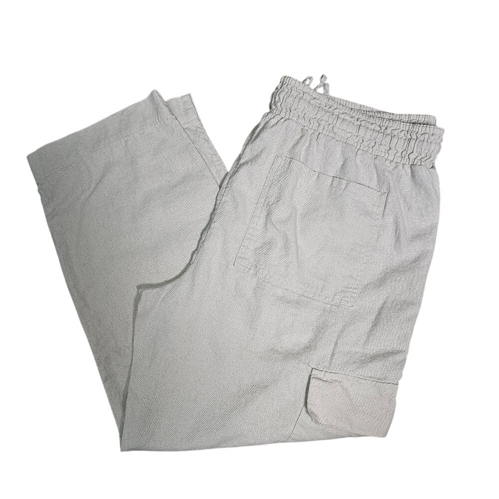 Linen Wide Leg Cargo Pants by Time & True Elastic and Drawstring Oatmeal Color L